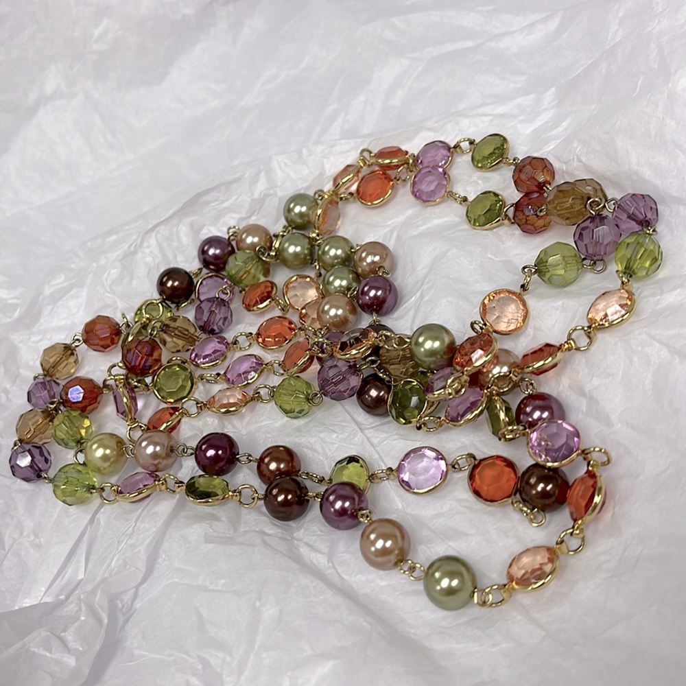 Gold tone shades purple/orange/green bead/Pearl infinity necklace
